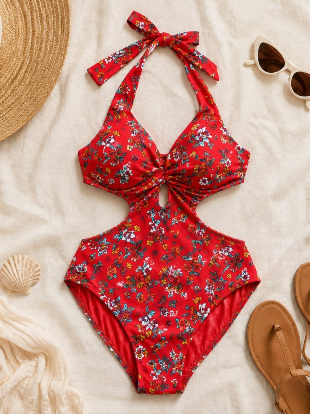 NEW Swimsuits For All Coral Orange Floral One-Piece Cut out Swimsuit 12